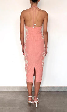 Hemant And Nandita | Mihi Linen Cotton Midi Dress | Coral Off White