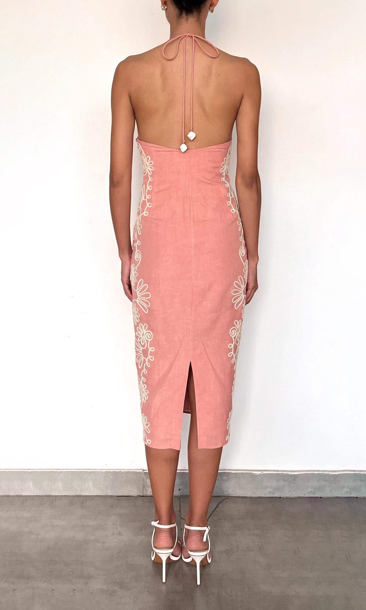 Hemant And Nandita | Mihi Linen Cotton Midi Dress | Coral Off White