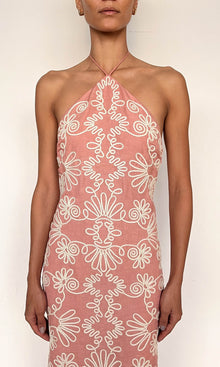 Hemant And Nandita | Mihi Linen Cotton Midi Dress | Coral Off White