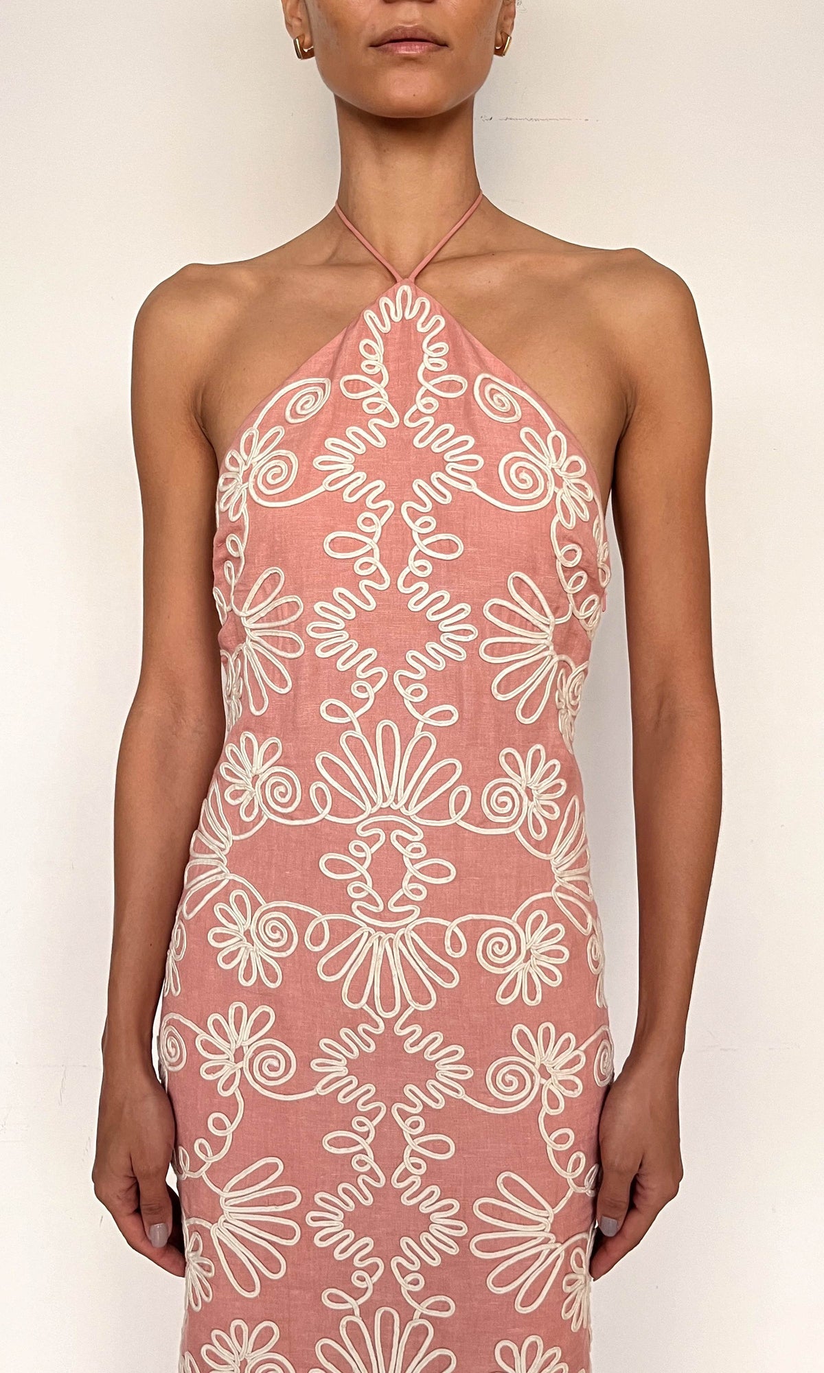 Hemant And Nandita | Mihi Linen Cotton Midi Dress | Coral Off White