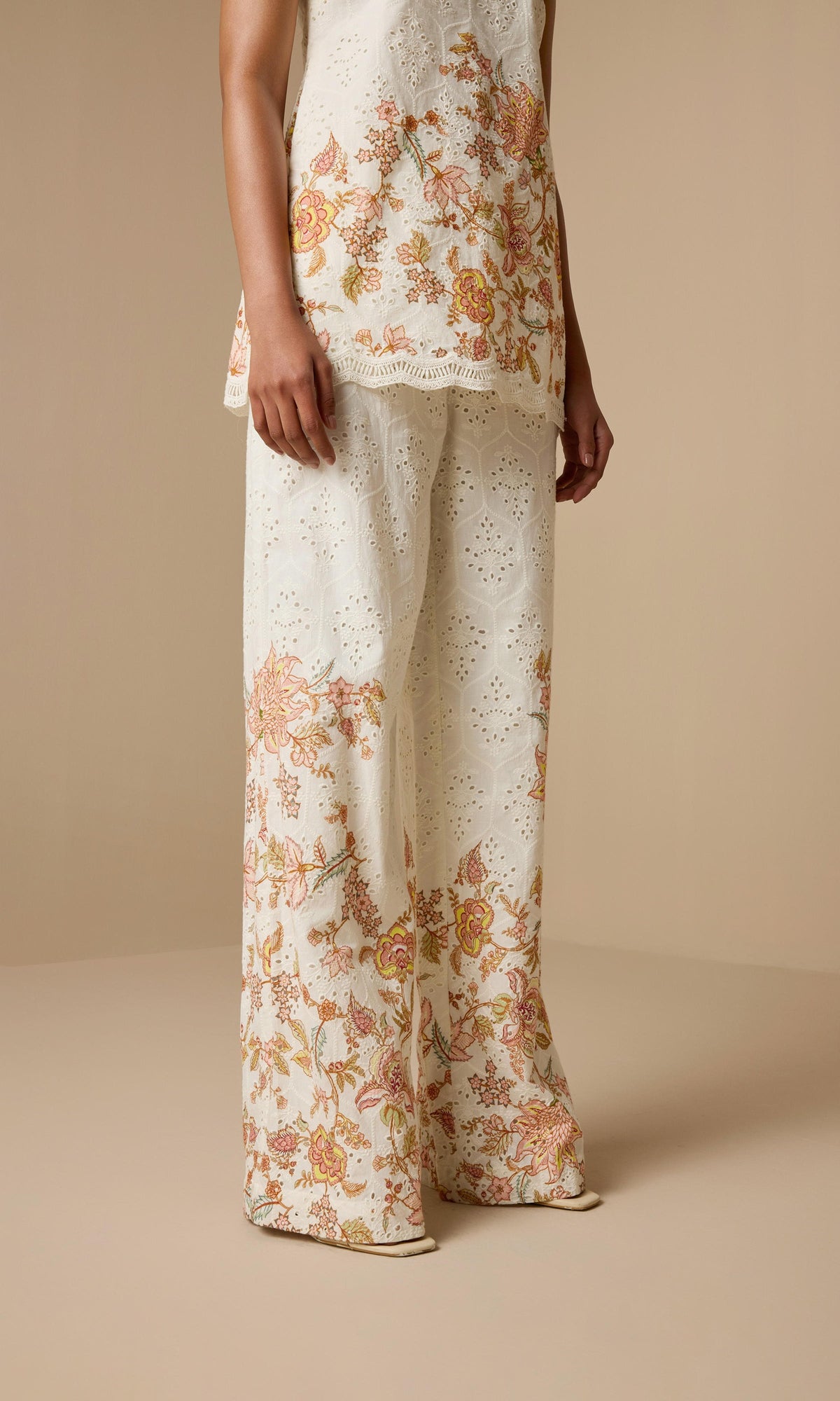 Hemant And Nandita | Niti Cotton Schiffli Straight Pants | White Floral