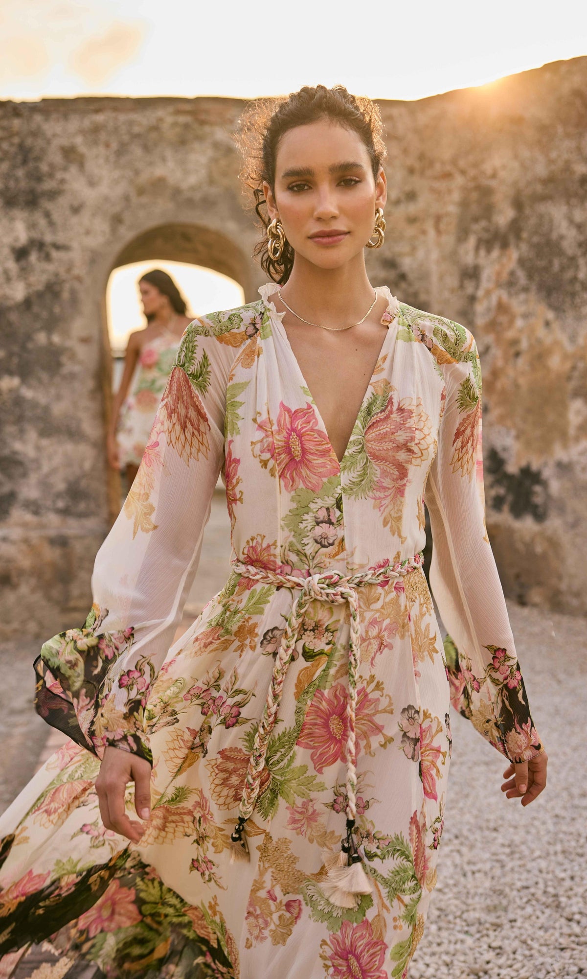 Womens | Pahi Viscose Crinkle Chiffon Long Dress With Braided Belt | Offwhite Floral