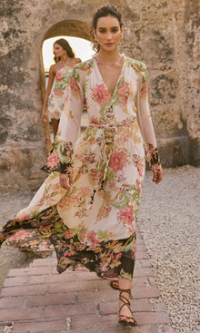 Womens | Pahi Viscose Crinkle Chiffon Long Dress With Braided Belt | Offwhite Floral