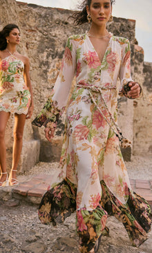 Womens | Pahi Viscose Crinkle Chiffon Long Dress With Braided Belt | Offwhite Floral