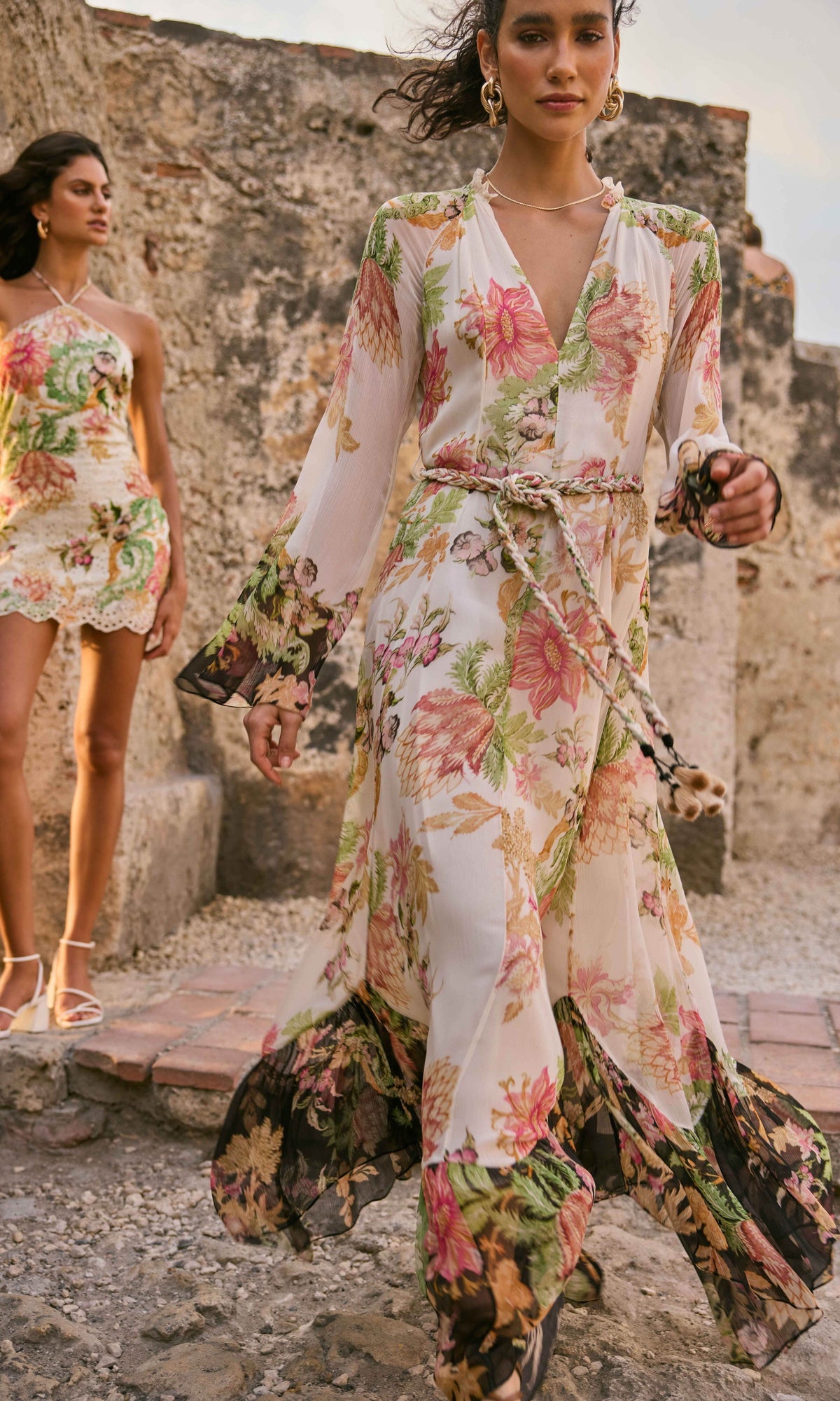 Womens | Pahi Viscose Crinkle Chiffon Long Dress With Braided Belt | Offwhite Floral