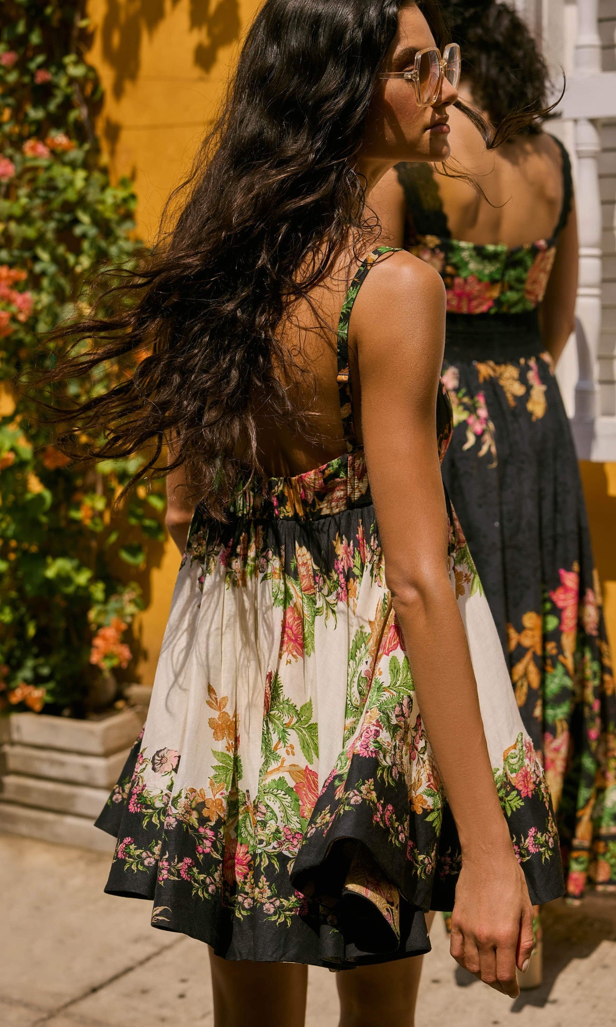 Hemant And Nandita | Pahi Viscose Organza Linen Short Dress | Black Offwhite Floral