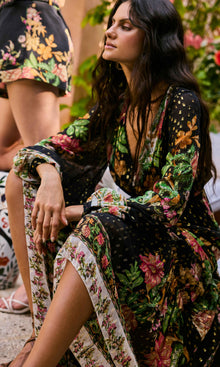 Hemant And Nandita | Pahi Viscose Georgette Gold Dobby Long Dress With Tie Up Tassels | Black Offwhite Floral
