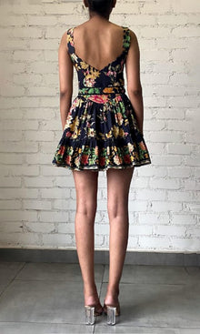 Hemant And Nandita | Pahi Cotton Poplin Short Dress With Handcrafted Button With And Belt | Black Floral
