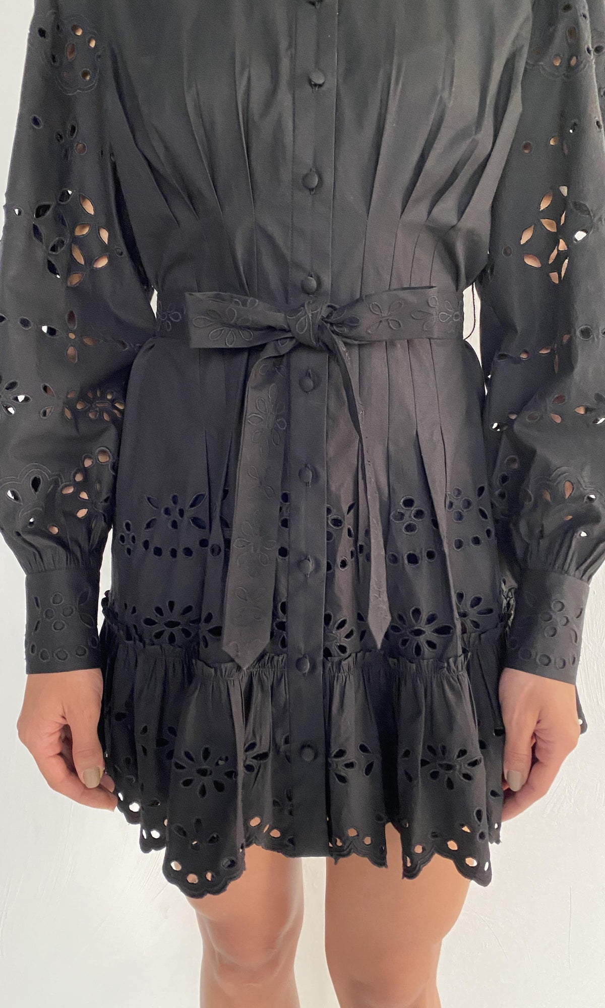 Hemant And Nandita | Raga Cotton Schiffli Short Dress With Buckle Belt And Slip | Black
