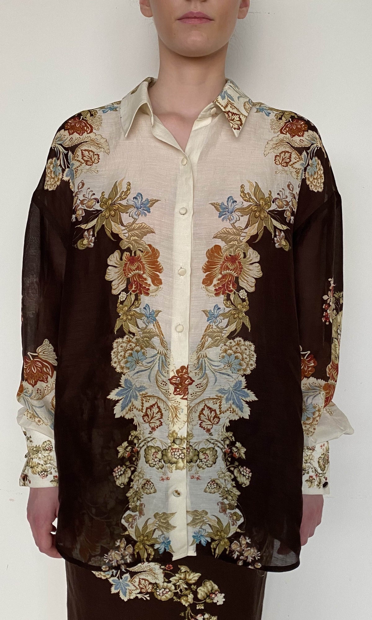 Hemant And Nandita | Rohi Viscose Linen Organza Oversized Shirt | Brown Multi