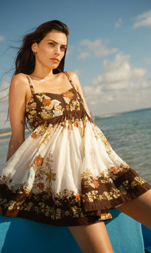 Hemant And Nandita | Rohi Viscose Linen Organza Short Dress With Quilted Yoke | Brown Multi