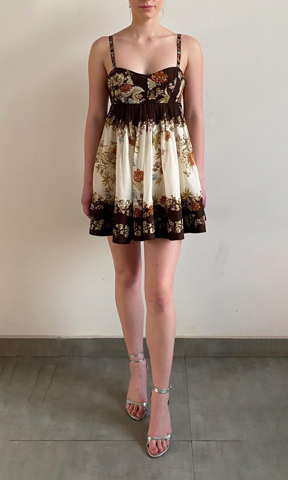 Hemant And Nandita | Rohi Viscose Linen Organza Short Dress With Quilted Yoke | Brown Multi