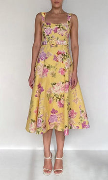 Hemant And Nandita | Ruba Linen Cotton Midi Dress With Tie Up Belt | Yellow