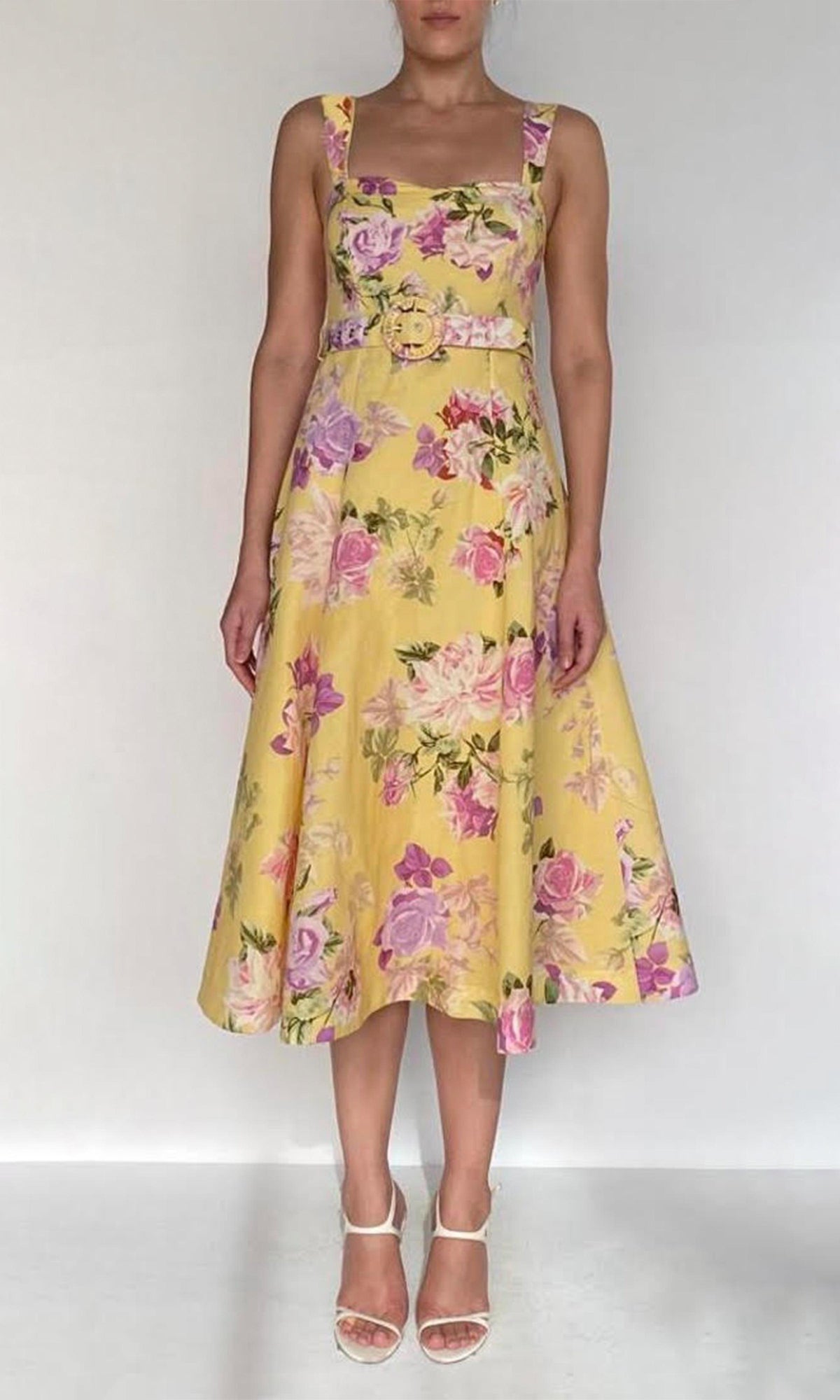 Hemant And Nandita | Ruba Linen Cotton Midi Dress With Tie Up Belt | Yellow
