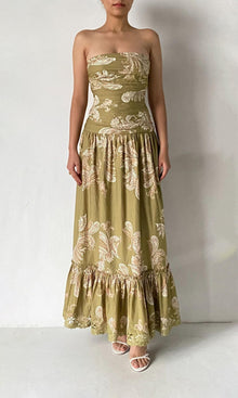 Hemant And Nandita | Sakhi Cotton Poplin Strapless Long Dress | Olive