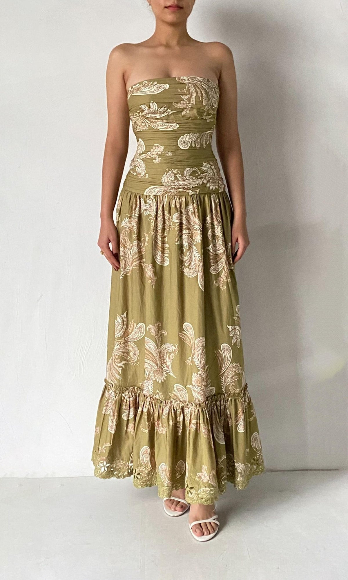 Hemant And Nandita | Sakhi Cotton Poplin Strapless Long Dress | Olive
