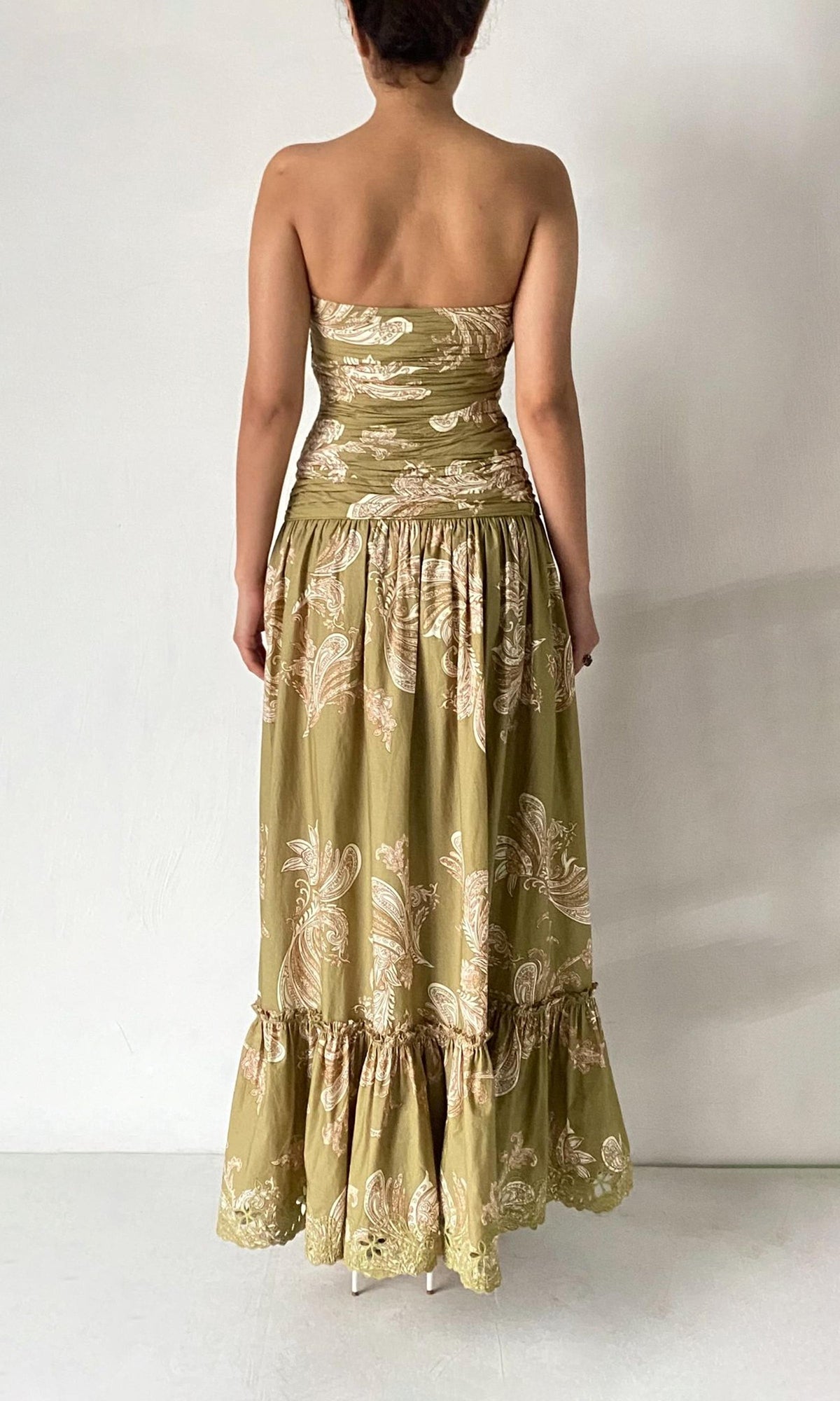 Hemant And Nandita | Sakhi Cotton Poplin Strapless Long Dress | Olive