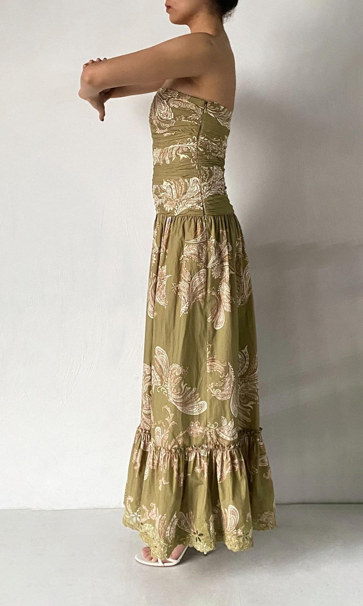 Hemant And Nandita | Sakhi Cotton Poplin Strapless Long Dress | Olive