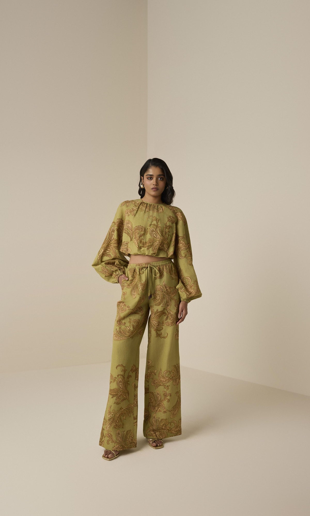 Hemant And Nandita | Sakhi Linen Cotton Pull On Pants | Olive