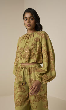 Hemant And Nandita | Sakhi Linen Cotton Pull On Pants | Olive