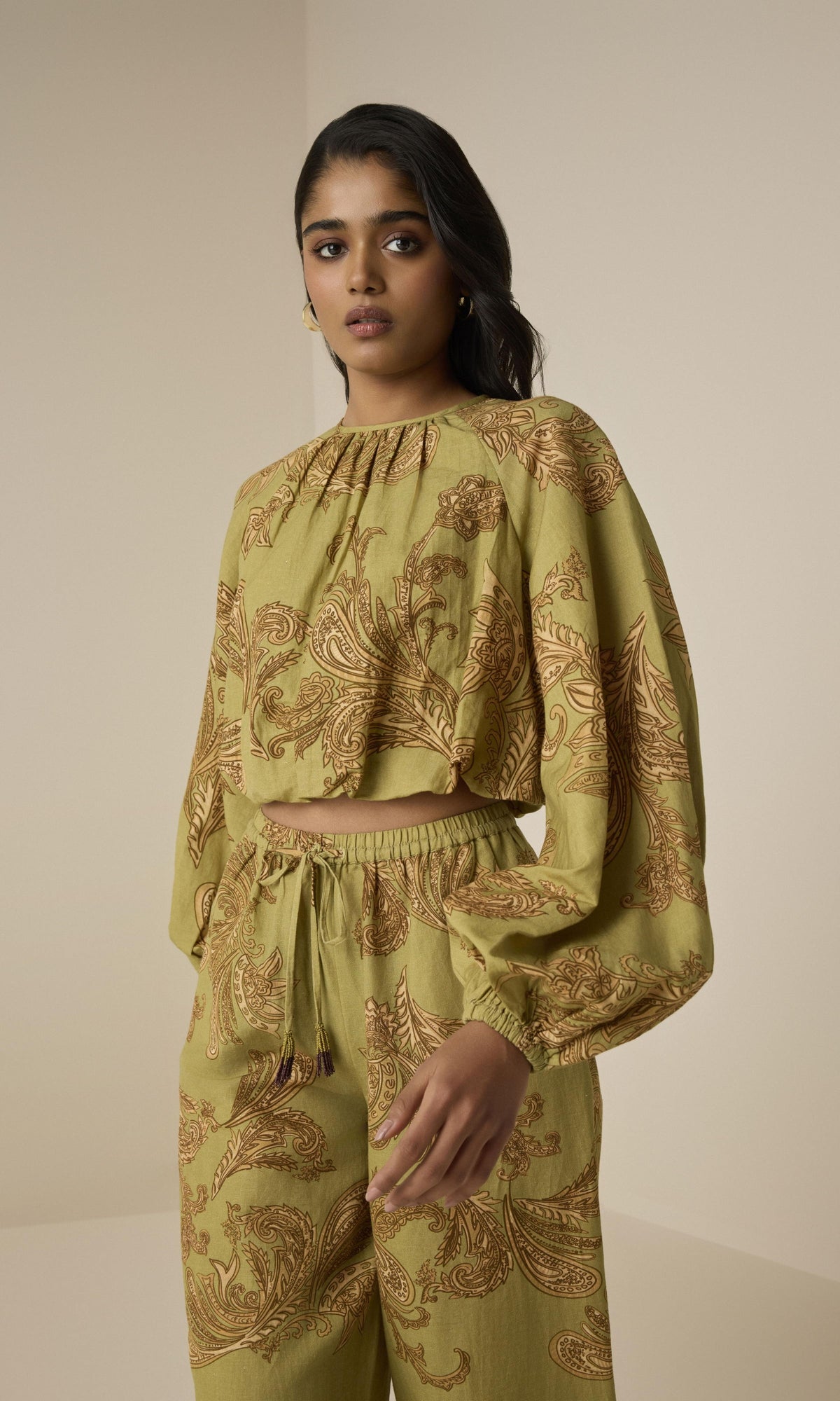 Hemant And Nandita | Sakhi Linen Cotton Pull On Pants | Olive