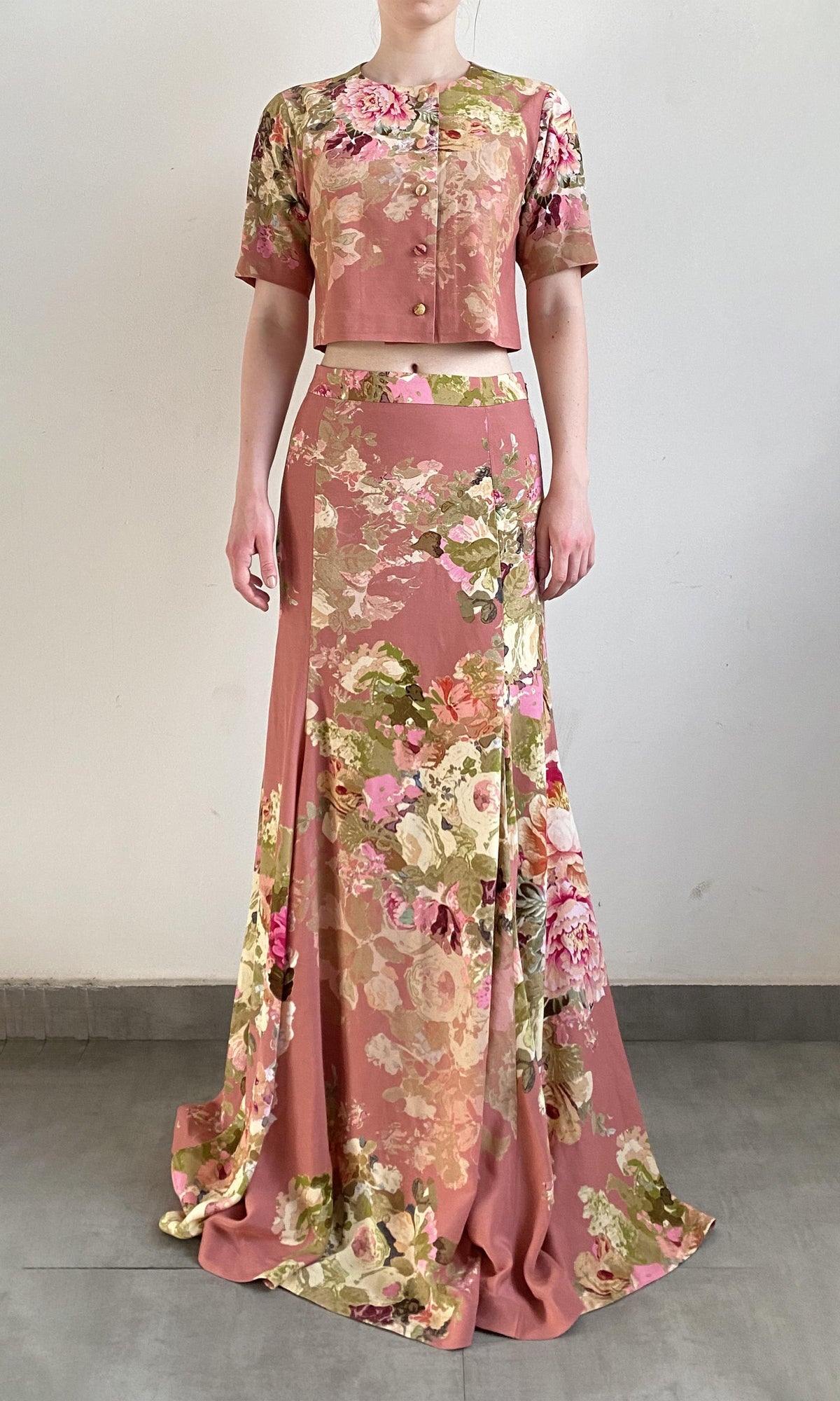 Hemant And Nandita | Sama Viscose Crepe Long Dress | Peach Floral
