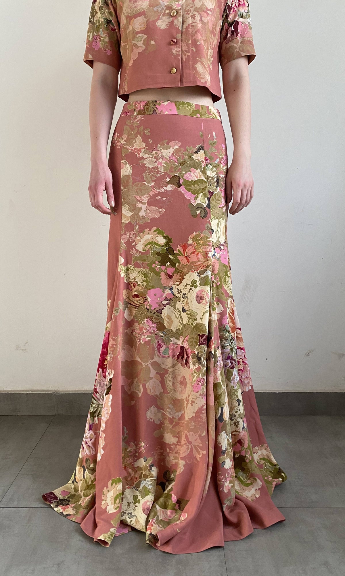 Hemant And Nandita | Sama Viscose Crepe Long Dress | Peach Floral