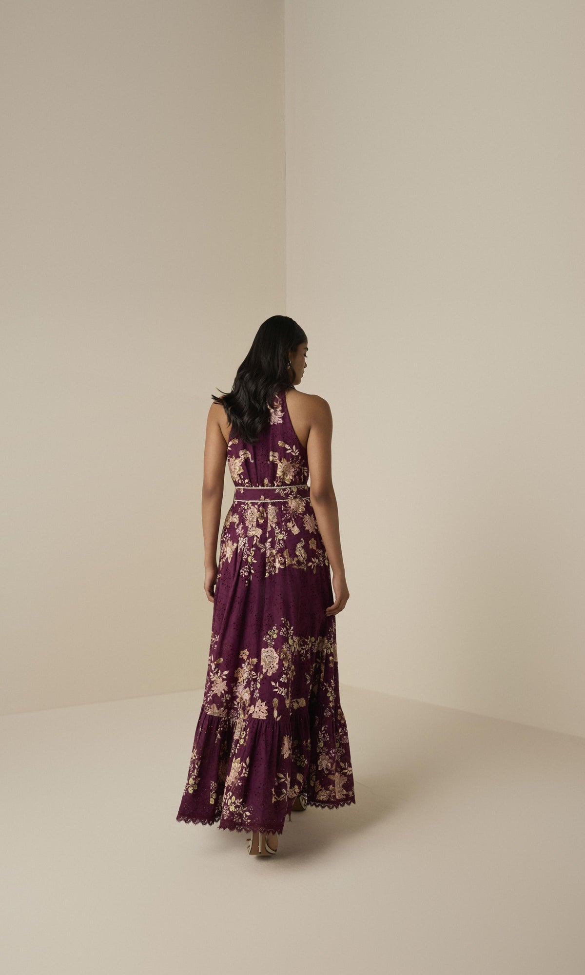 Hemant And Nandita | Savi Cotton Schiffli Long Shirt Dress With Buckle Belt | Burgundy Floral