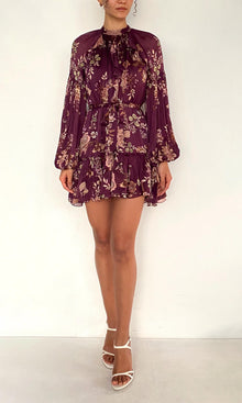 Hemant And Nandita | Savi Viscose Flat Chiffon Ruffle Mini Dress With Tie Up Belt | Burgundy Floral