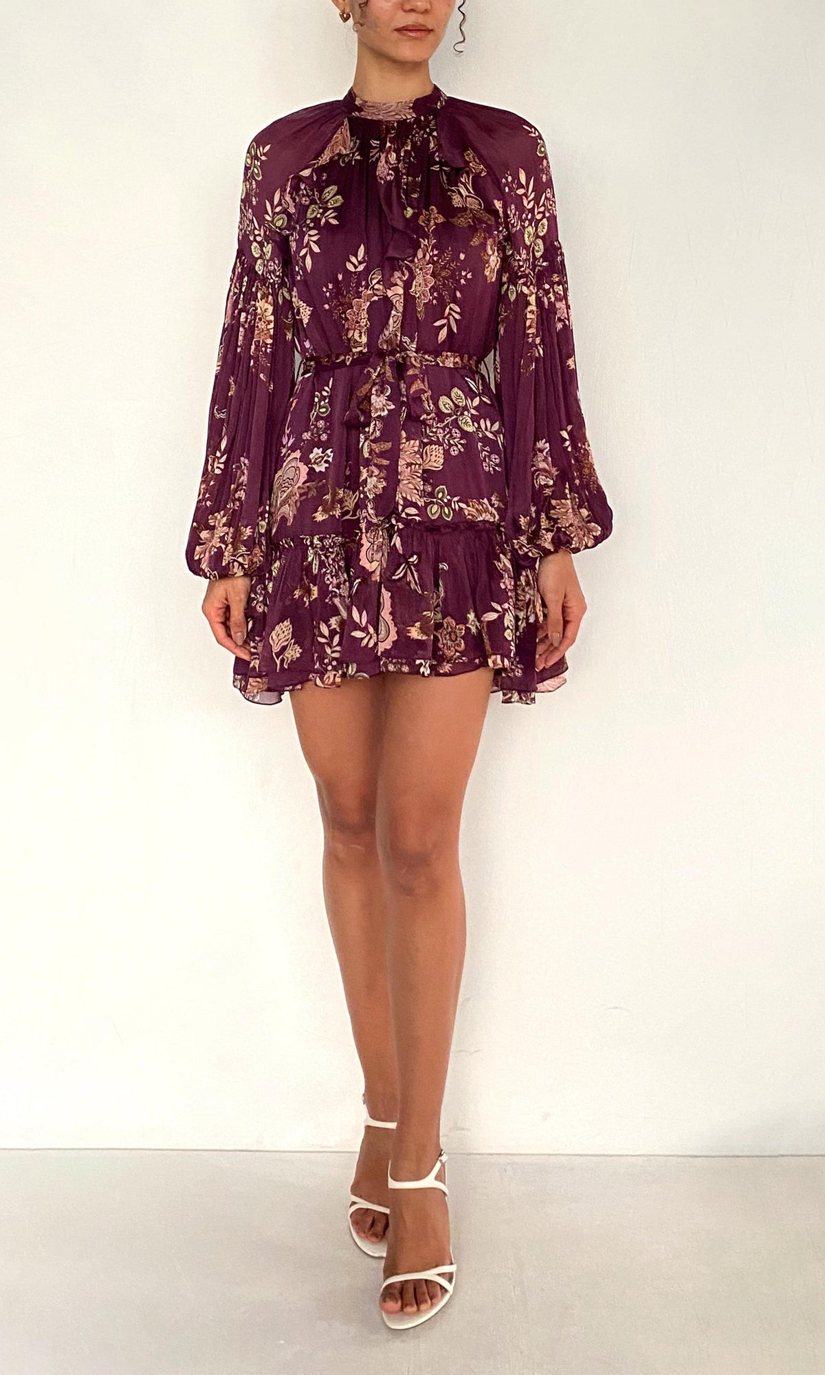 Hemant And Nandita | Savi Viscose Flat Chiffon Ruffle Mini Dress With Tie Up Belt | Burgundy Floral
