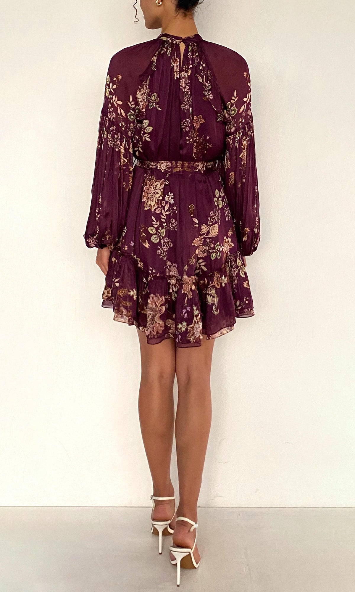 Hemant And Nandita | Savi Viscose Flat Chiffon Ruffle Mini Dress With Tie Up Belt | Burgundy Floral