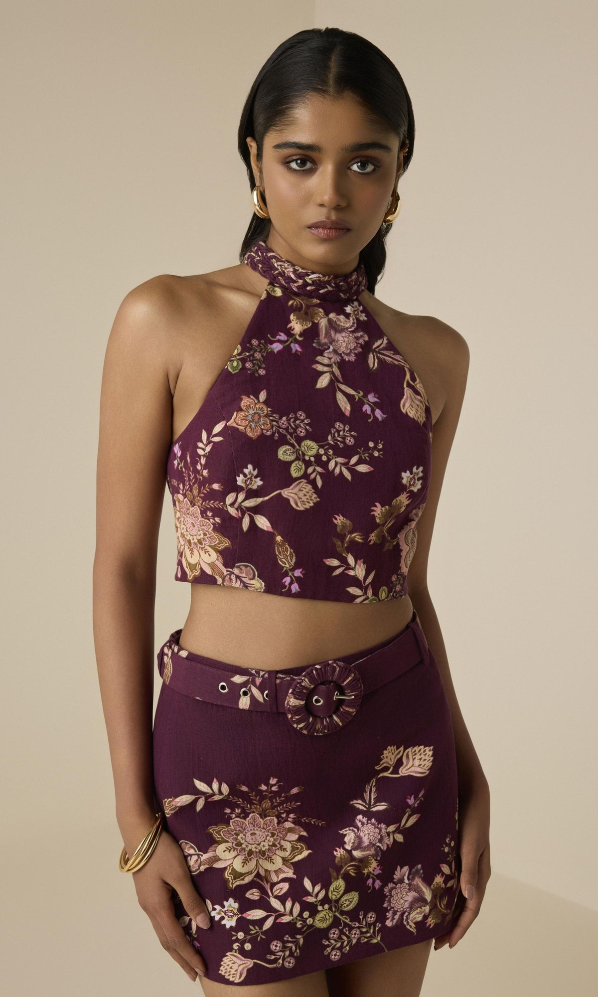 Hemant And Nandita | Savi Linen Cotton Mini Skirt With Buckle Belt | Burgundy Floral