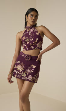 Hemant And Nandita | Savi Linen Cotton Mini Skirt With Buckle Belt | Burgundy Floral