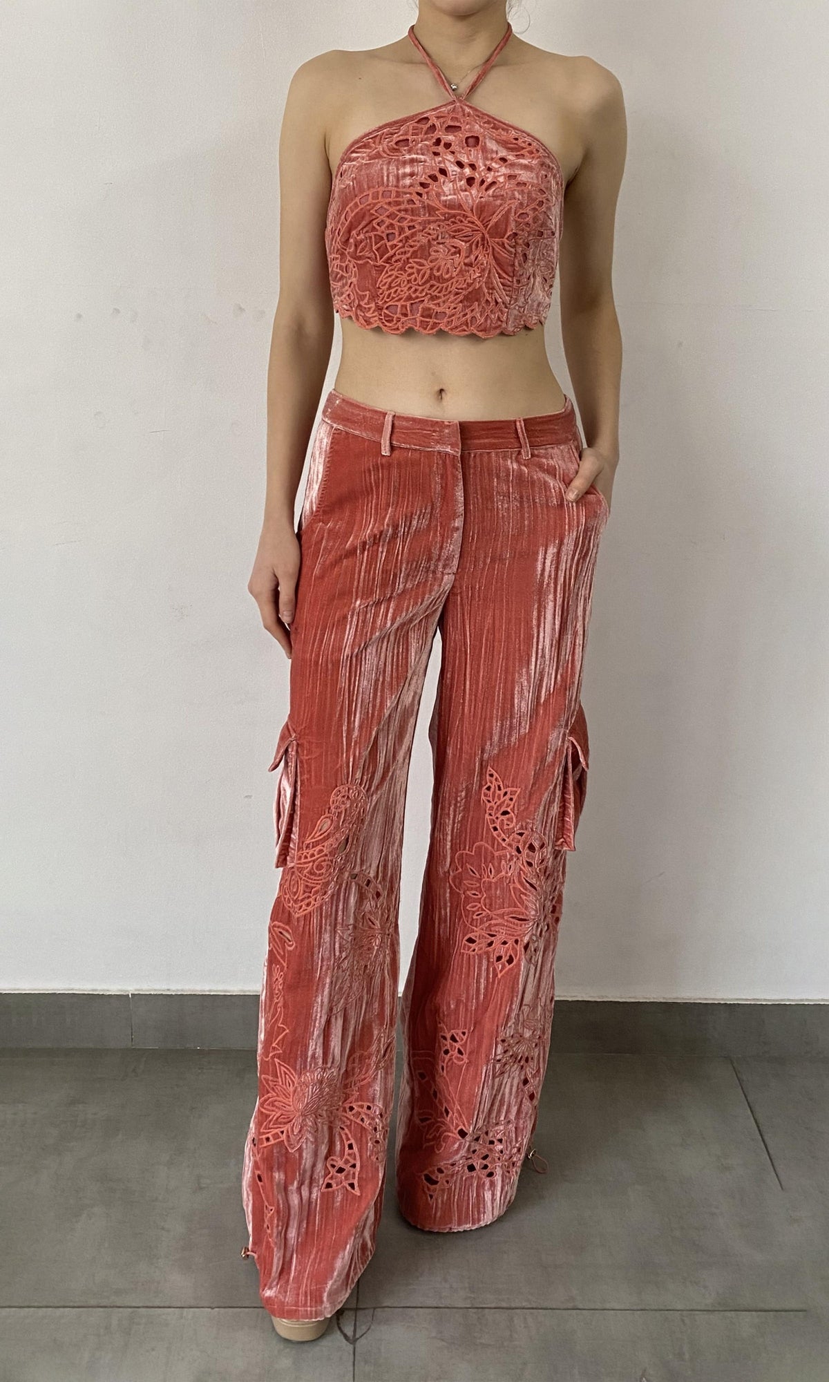 Hemant And Nandita | Sehr Polyester Crushed Velvet Pants | Pink