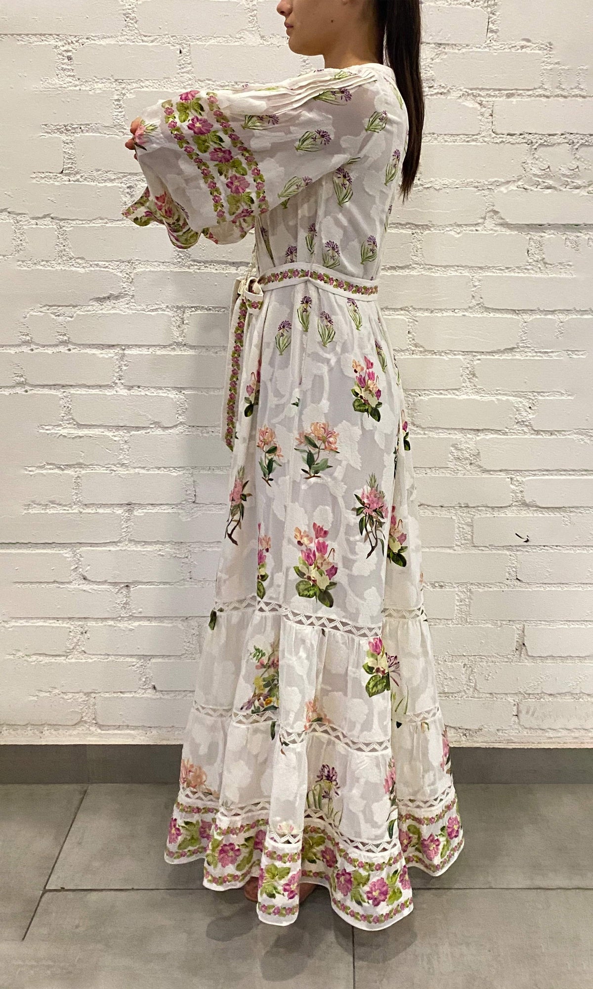 Hemant And Nandita | Taha Viscose Georgette Flower Jacquard Long Dress With Tie Up Belt | White Floral