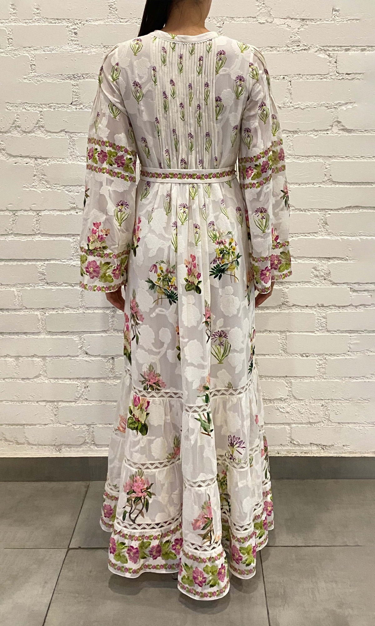 Hemant And Nandita | Taha Viscose Georgette Flower Jacquard Long Dress With Tie Up Belt | White Floral