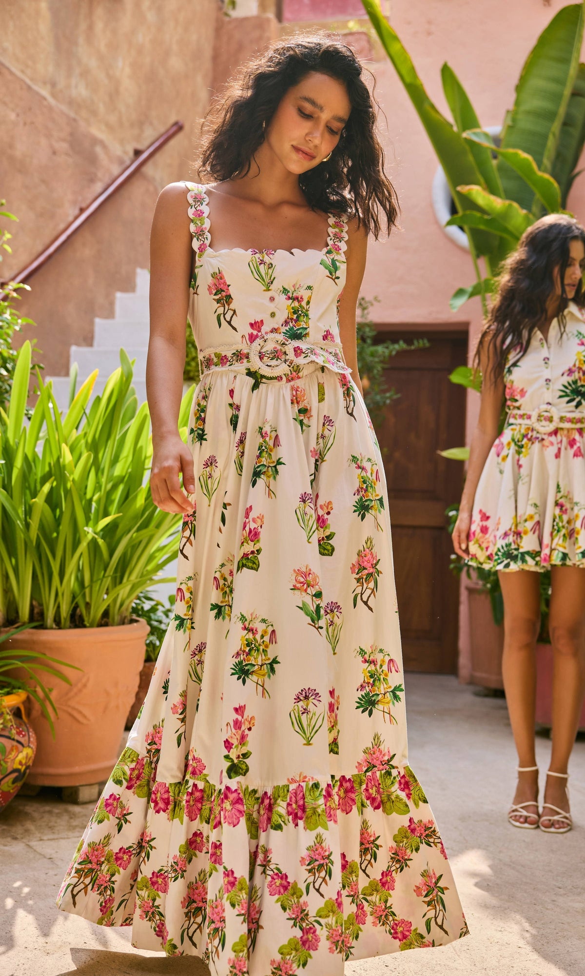 Hemant And Nandita | Taha Cotton Poplin Long Dress With Buckle Belt | White Floral