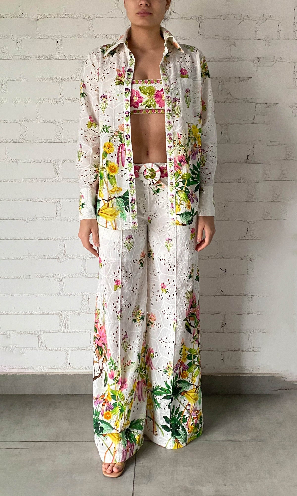 Hemant And Nandita | Taha Cotton Schiffli Oversized Shirt With Cami | White Floral