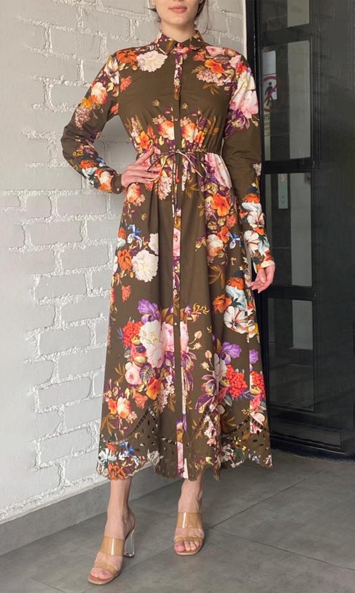 Hemant And Nandita | Tani Poplin Long Shirt Dress | Olive Green Floral