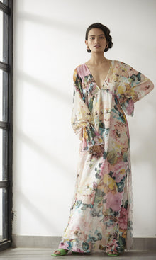Hemant And Nandita | Teien Viscose Crepe Flower Jacquard Kaftan | Pastel
