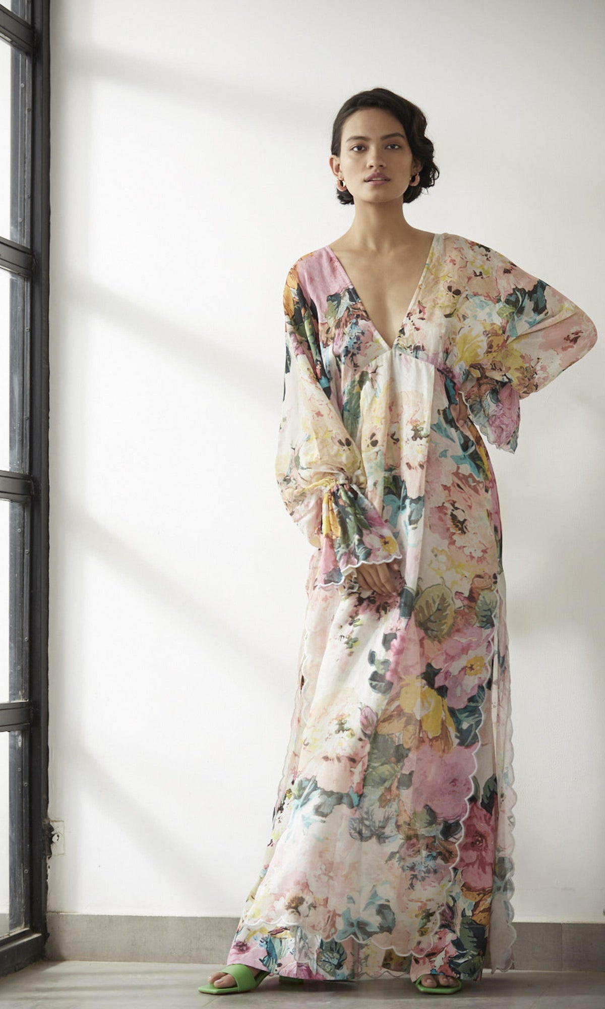 Hemant And Nandita | Teien Viscose Crepe Flower Jacquard Kaftan | Pastel