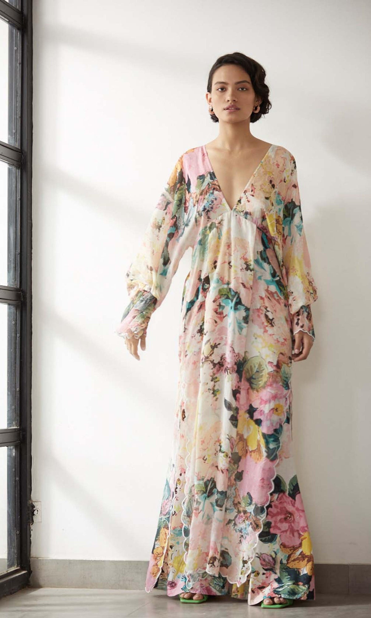 Hemant And Nandita | Teien Viscose Crepe Flower Jacquard Kaftan | Pastel