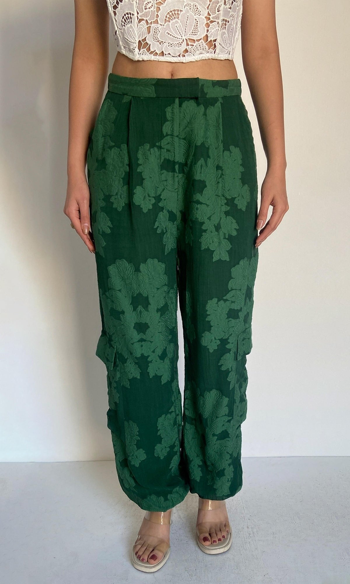 Hemant And Nandita | Tiya Viscose Chiffon Jacquard Pants | Green