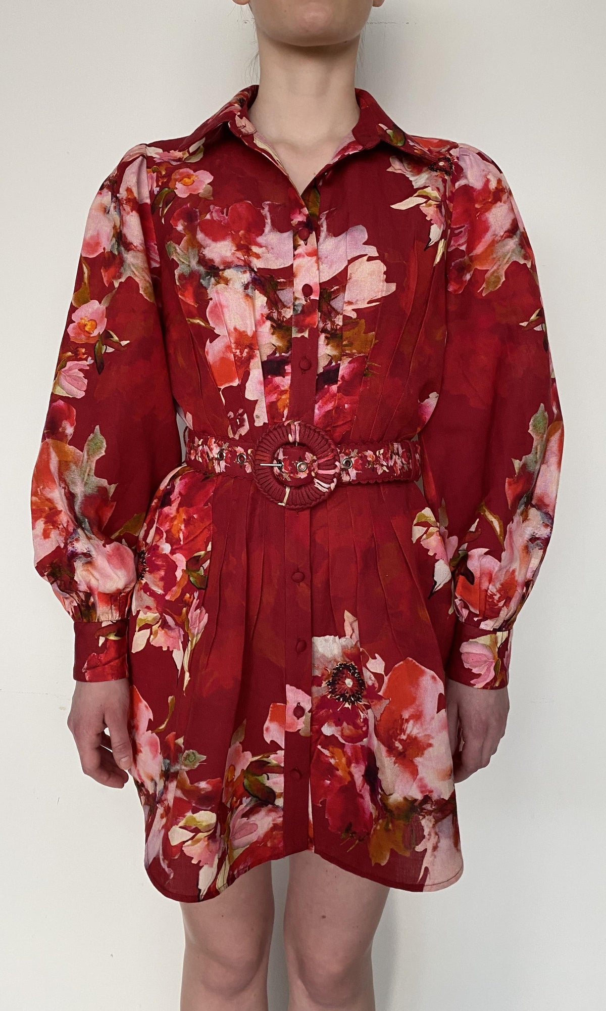 Hemant And Nandita | Tuhi Linen Cotton Short Dress With Buckle Belt | Burgundy Multi