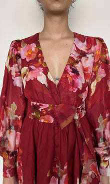 Hemant And Nandita | Tuhi Viscose Linen Organza Short Dress With Tie Up Belt | Burgundy Multi