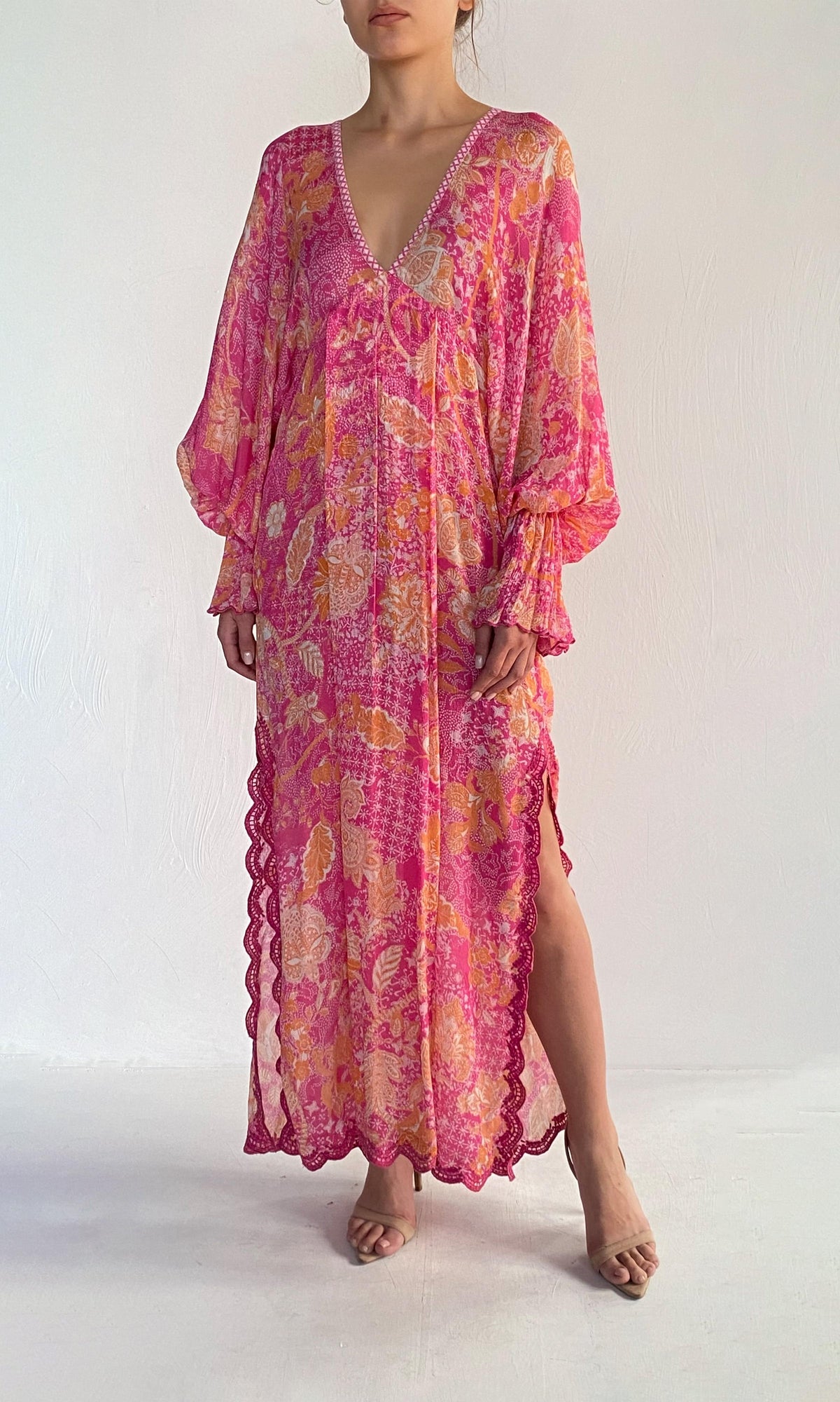 Womens | Xari Viscose Jacquard Kaftan | Pink Multi