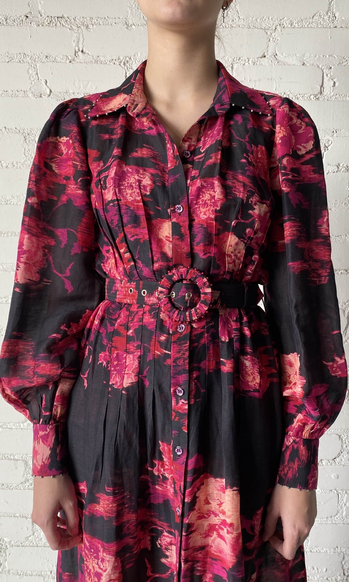 Hemant And Nandita | Zina Viscose Linen Organza Long Dress | Black Magenta