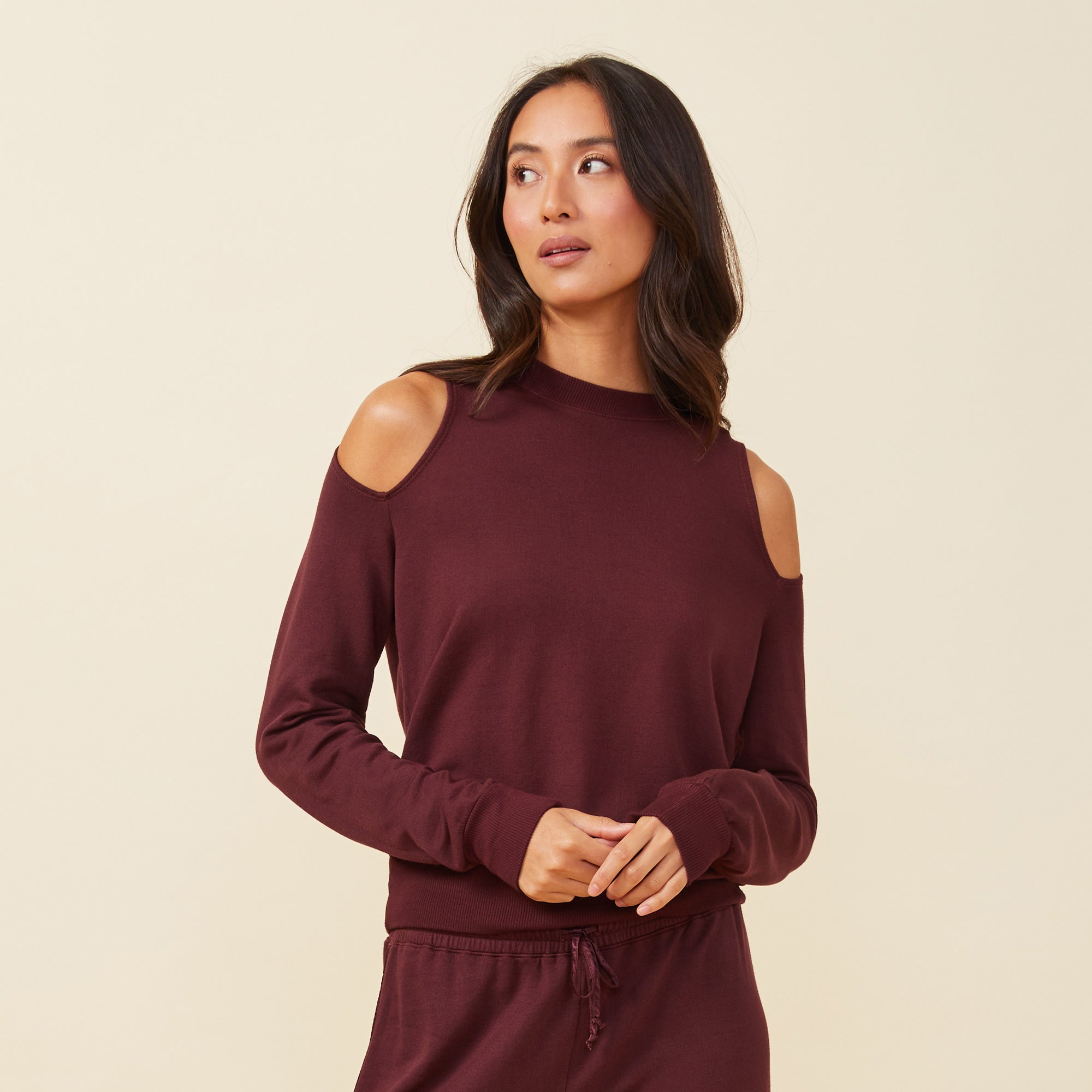 Cold Shoulder Crew Neck Sweatshirt | Women | Merlot