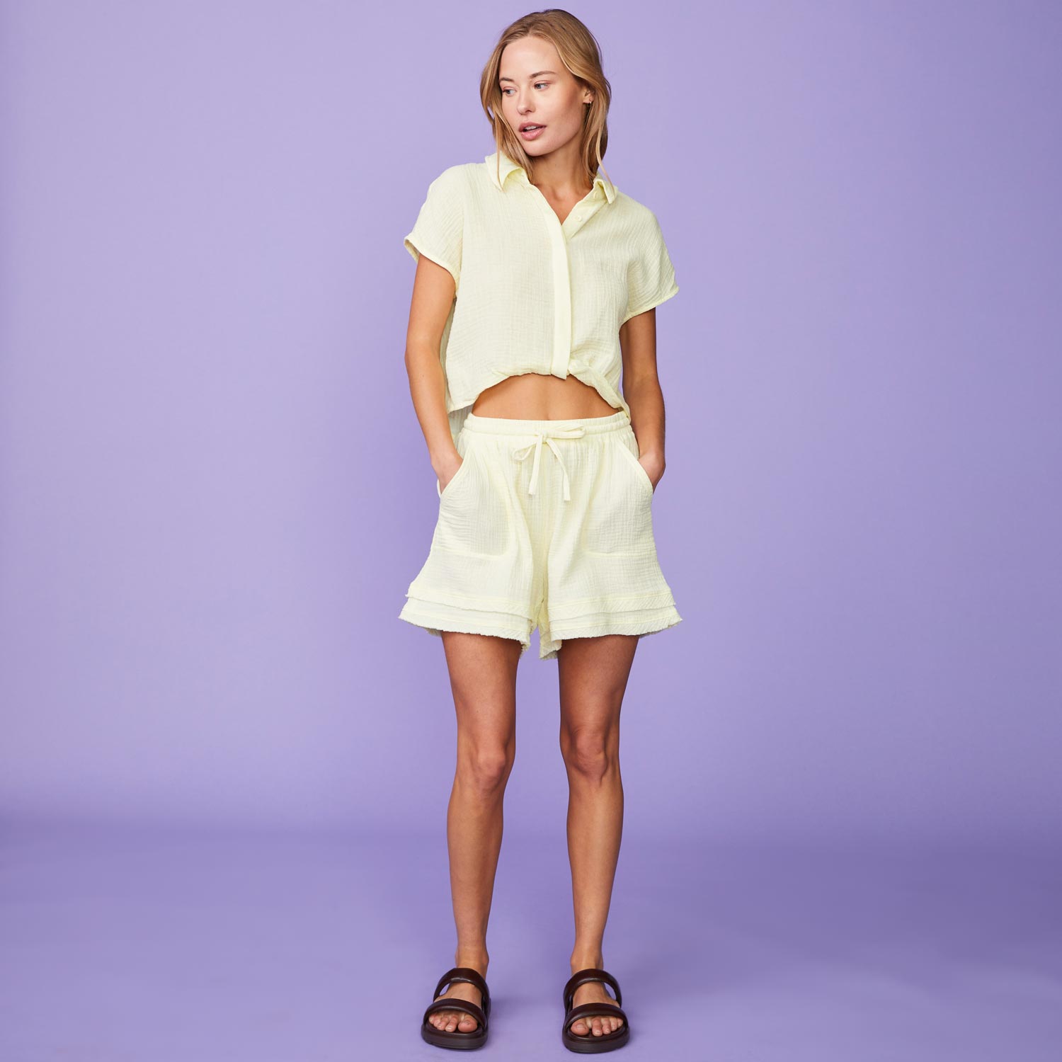 Full View of model wearing the Gauze Shorts in Lemon