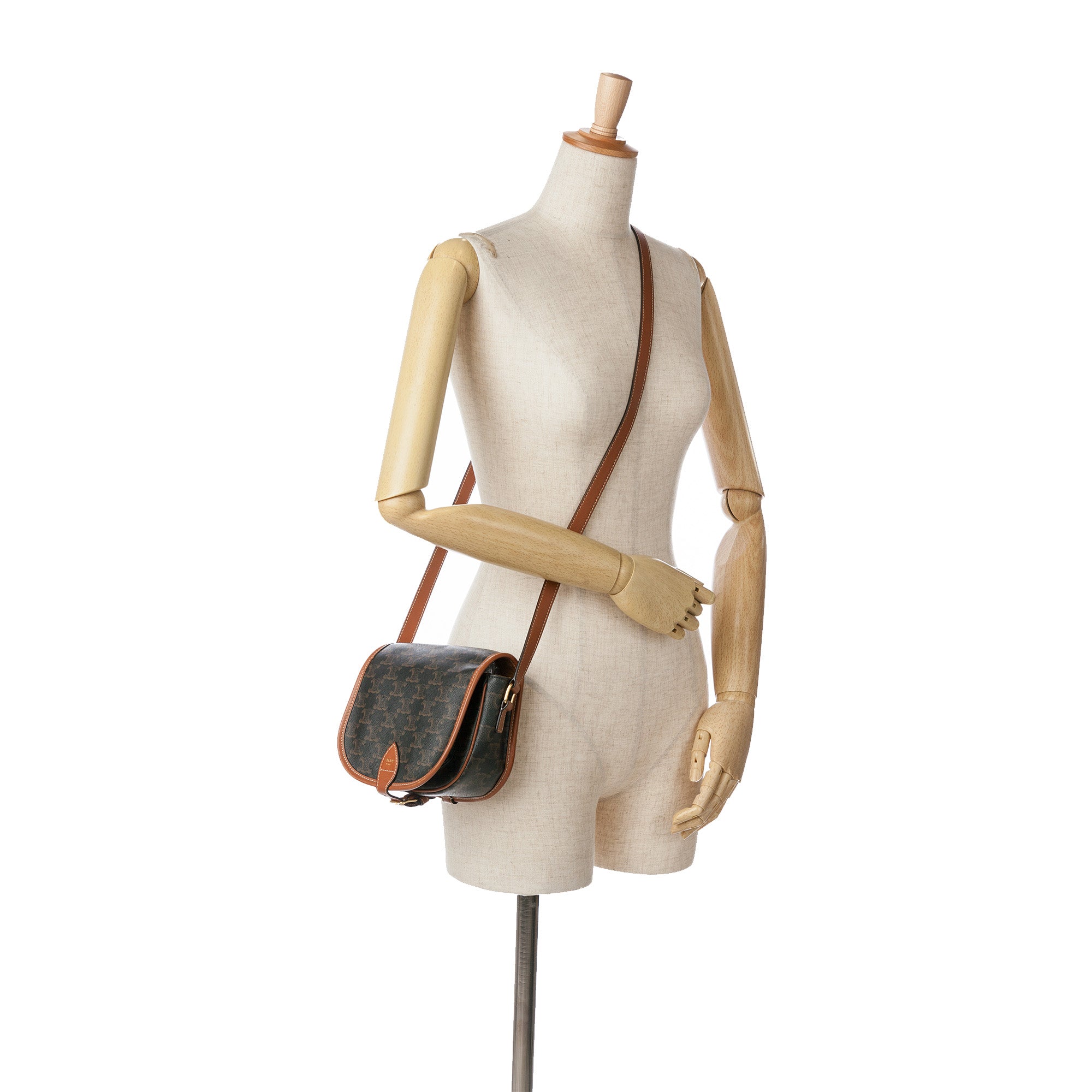 Celine | Pre-Owned Medium Triomphe Coated Canvas Folco Crossbody - II | Brown/Dark Brown